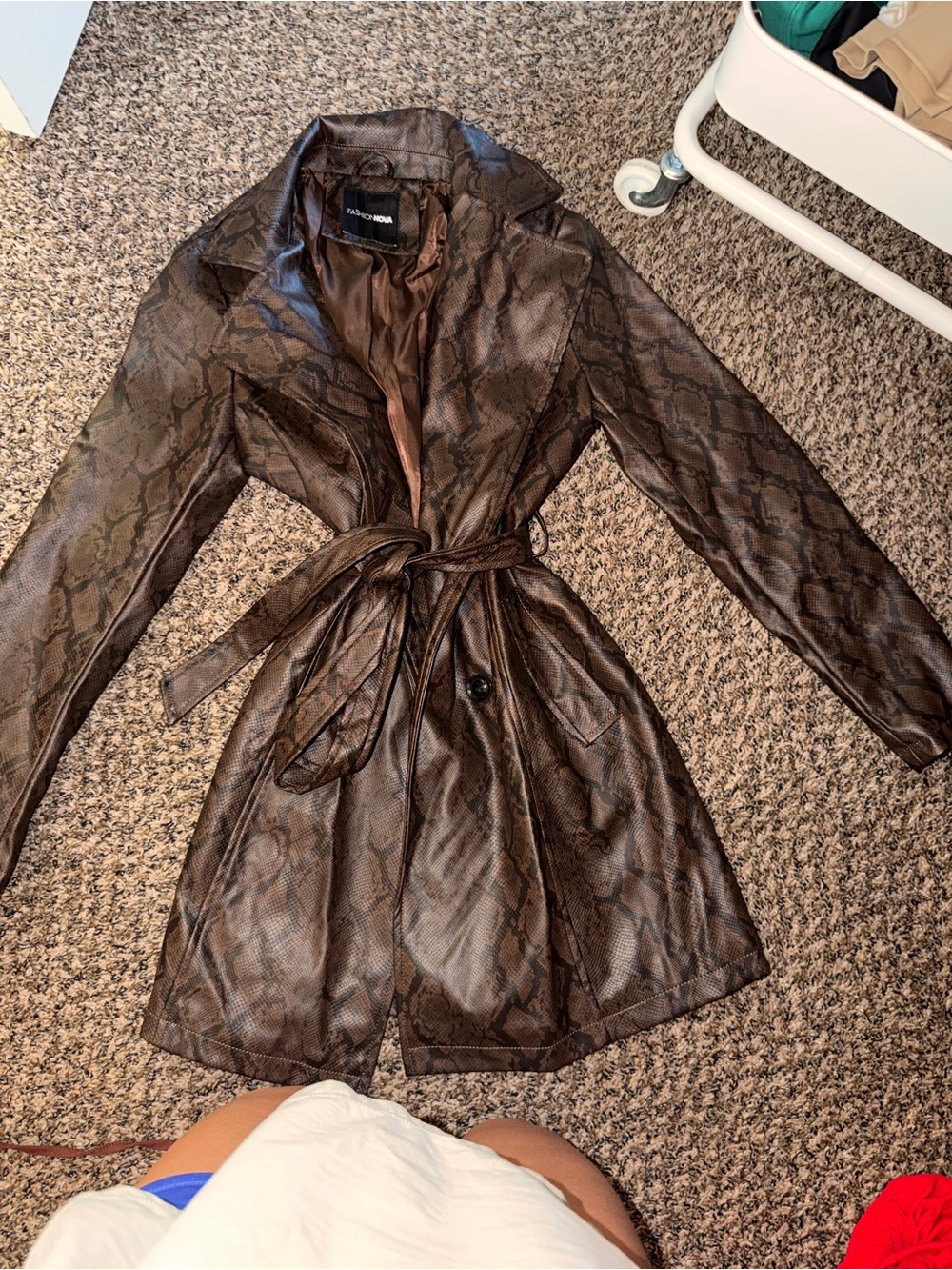 Faux Snakeskin Brown Trench Coat with Belt